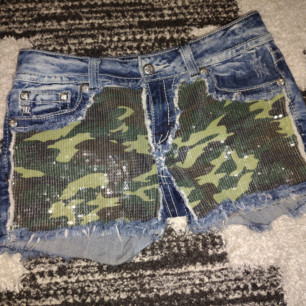 Camo Denim Shorts with Sequin Detail